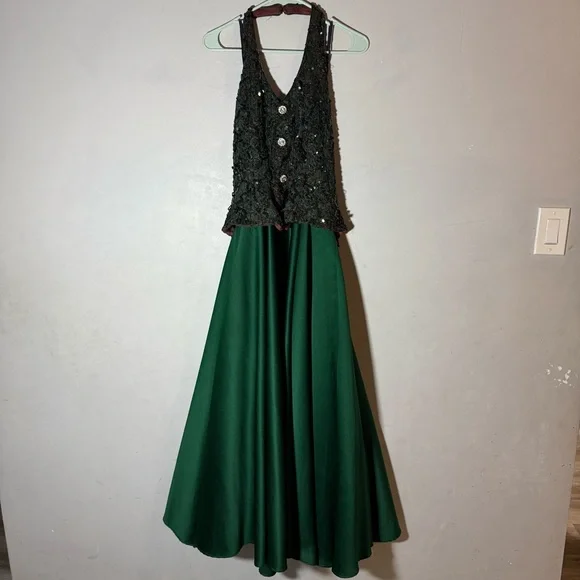 VTG Bari Jay Emerald Green Halter Prom Dress